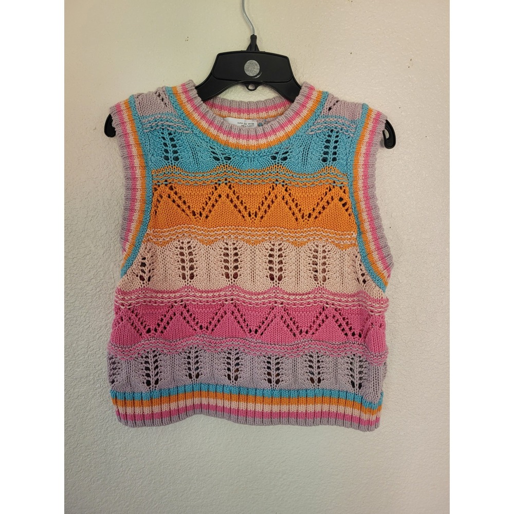 Zara Crochet Sweater Vest Retro‎ Boho Sleeveless Crewneck S Colorful Y2K #5